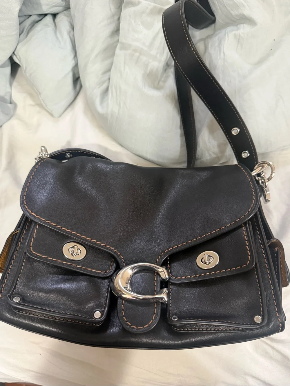 Coach Black Leather Crossbody with Silver Buckle
